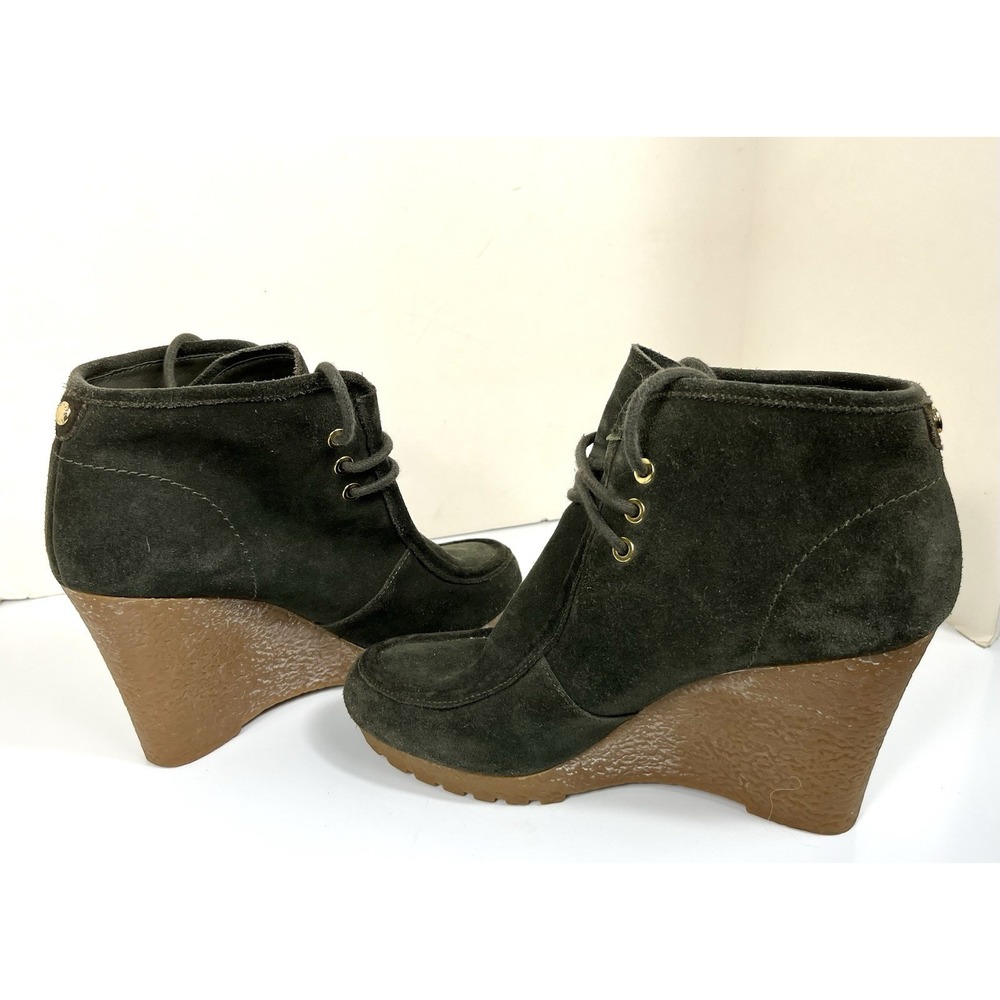 Michael Kors Size 8 Wedge Booties Green Gray Suede Lace-Up Platform Ankle Great! - Picture 11 of 16